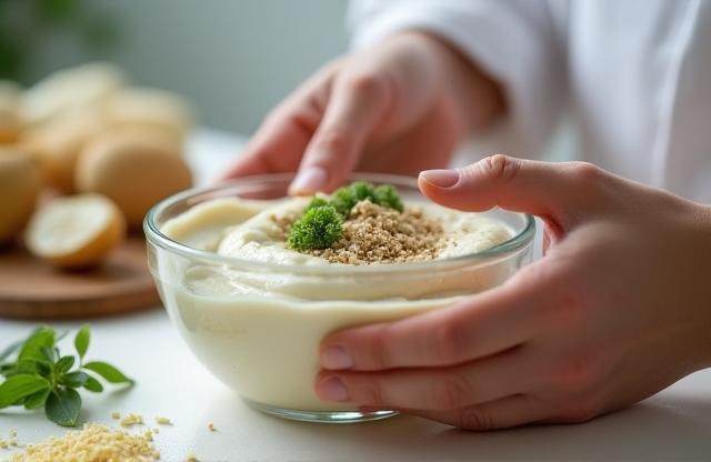 Image showing a cosmetic formulation process in a clean lab setting with hands mixing ingredients