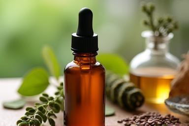 Organic facial oil in a amber dropper bottle with plant ingredients in background