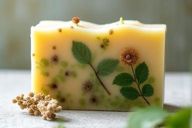 Handcrafted botanical soap bar with visible herbs and natural textures