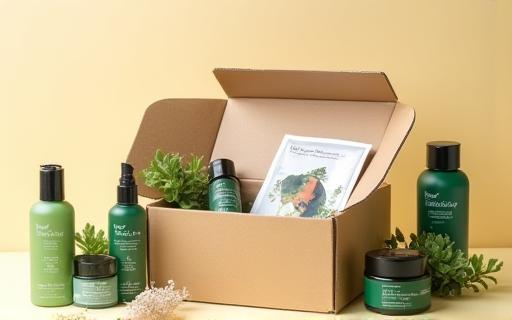 Close-up image of HanaCraft cosmetic products next to an open subscription box, showing contents